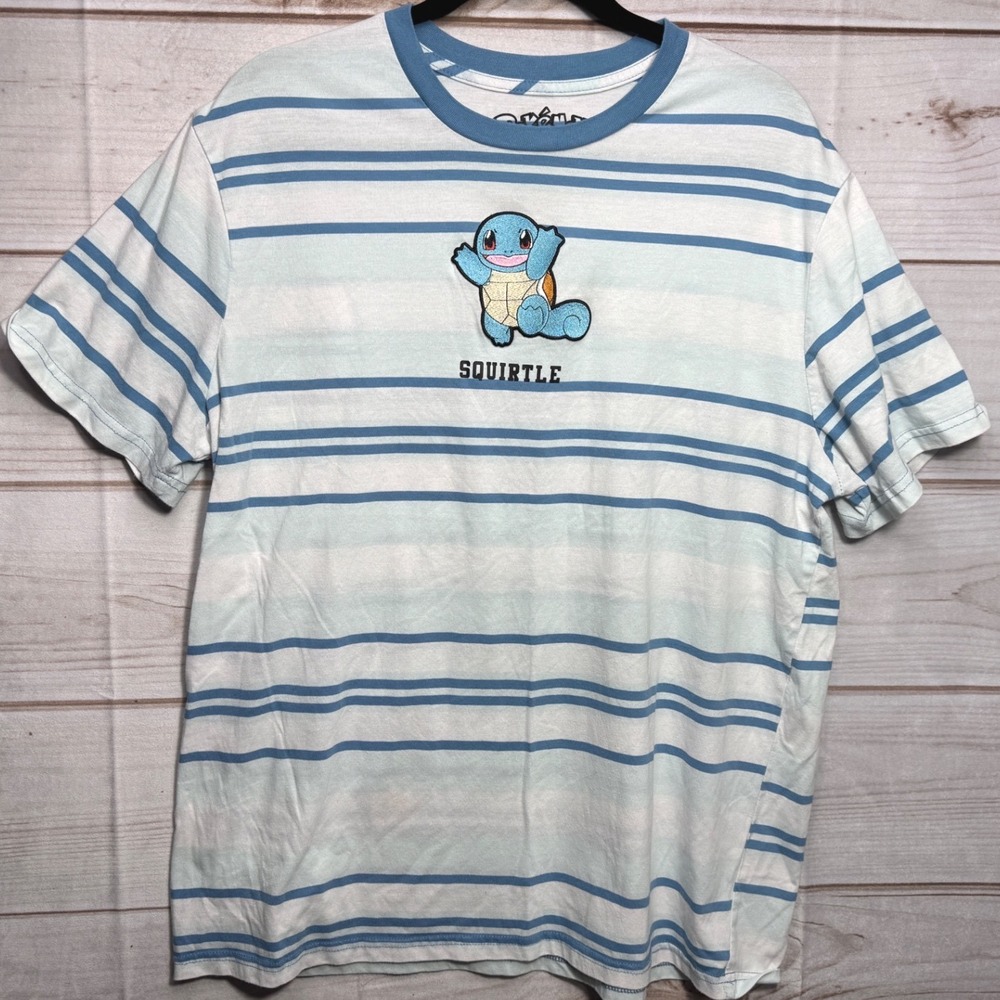 Pokemon Squirtle Striped T-Shirt Mens 2X Blue White Embroidered Graphic Tee